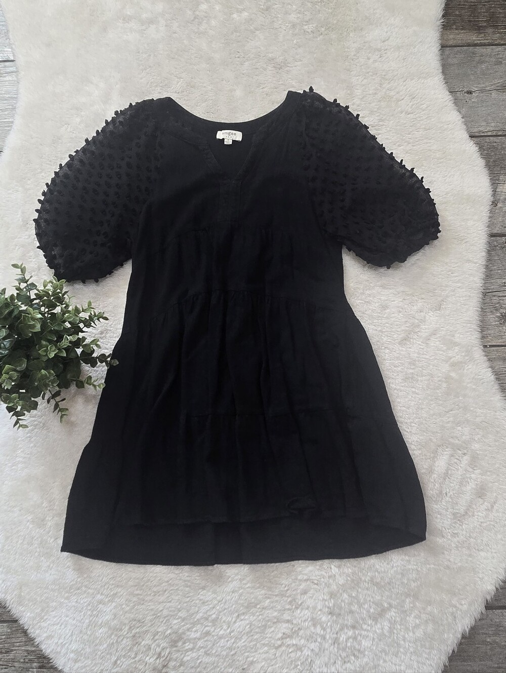 Umgee Black Swiss Dot Puff Sleeved Tiered Boho Cottagecore Mini-Dress, S